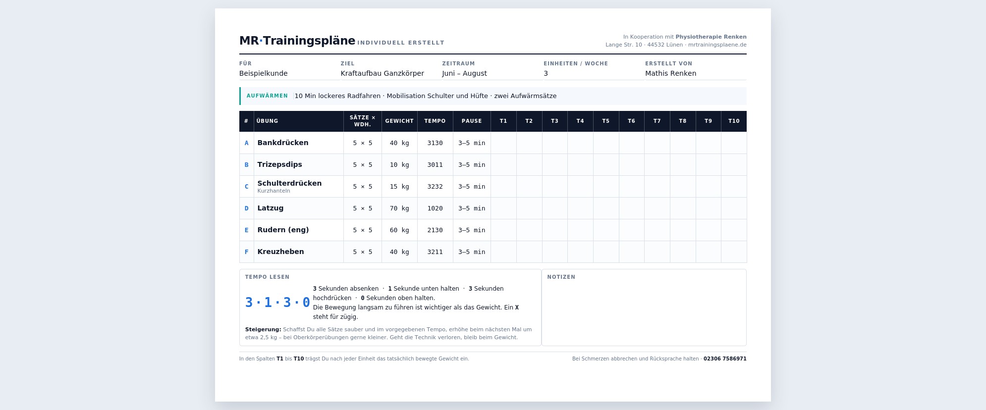 Beispiel eines Trainingsplans mit Übungen, Wiederholungen, Gewicht, Tempo und Pausenzeiten